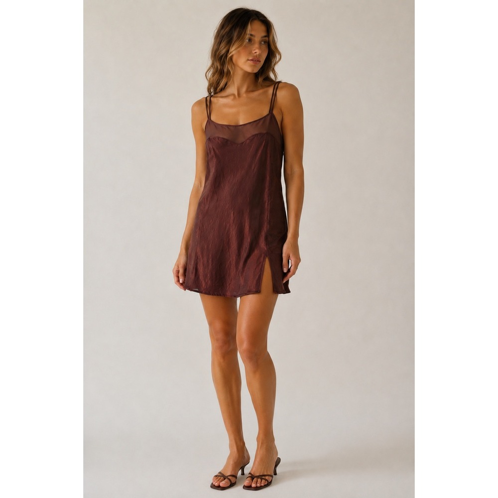Victoria's Secret Silk Slip Dress M Brown Sheer Trim Side Slit Mini Nightgown